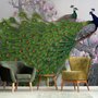 Papier peint panoramique paon élégant avec fleurs de cerisier