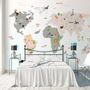 Colorful Kids World Map with Cartoon Animals Wallpaper Mural