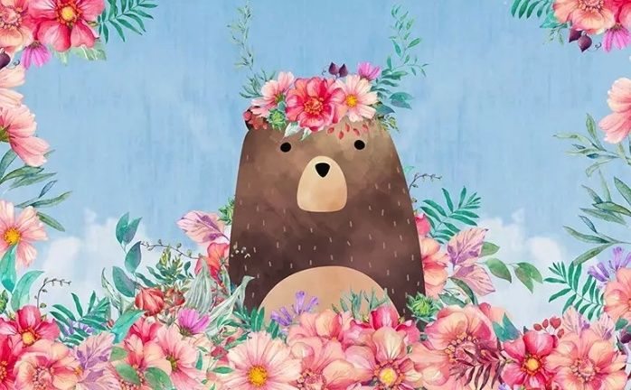 Flowery Cartoon Bear Wallpaper Mural