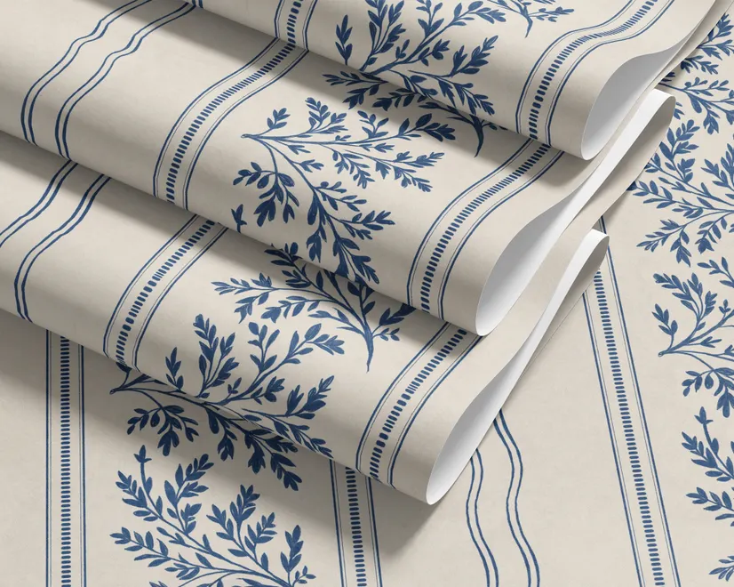 Blue wallpaper with indigo botanical stripework, pinstripes and dotted borders on warm cream parchment