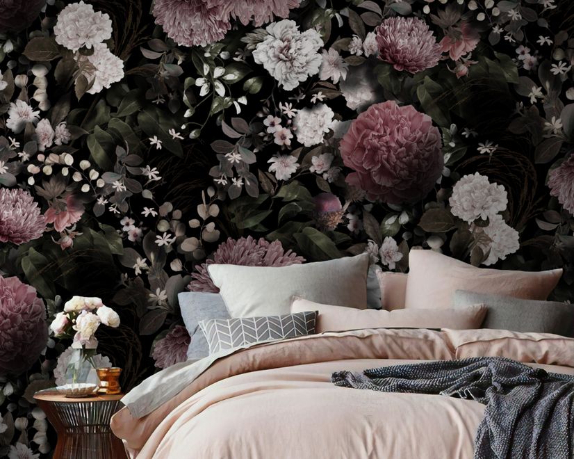 Dark Floral  Pink Chrysanthemum and Green Leaves Wallpaper Mural