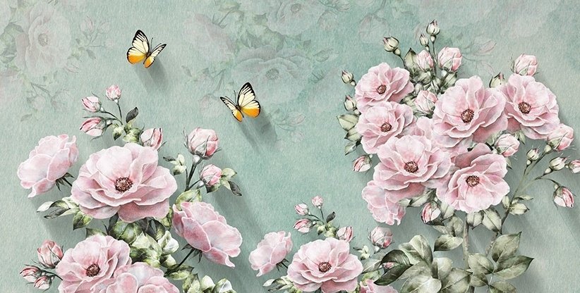 Papier peint panoramique floral vintage rose et papillon jaune