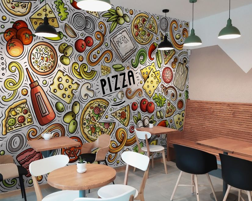 Cartoon Colorful Fast Foods and Pizza Wallpaper Mural