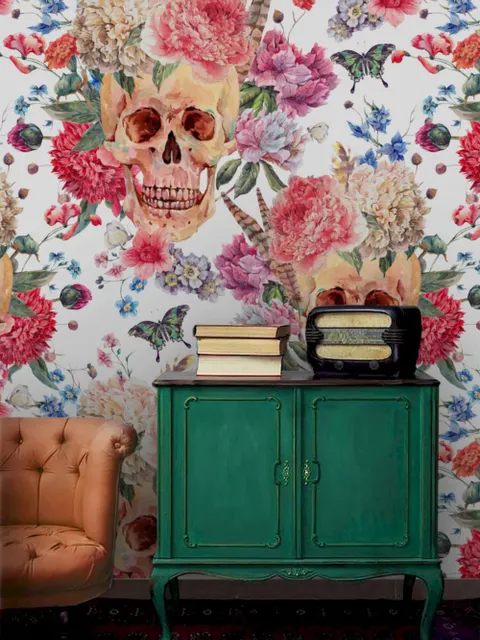 Papier peint crâne avec fleurs
