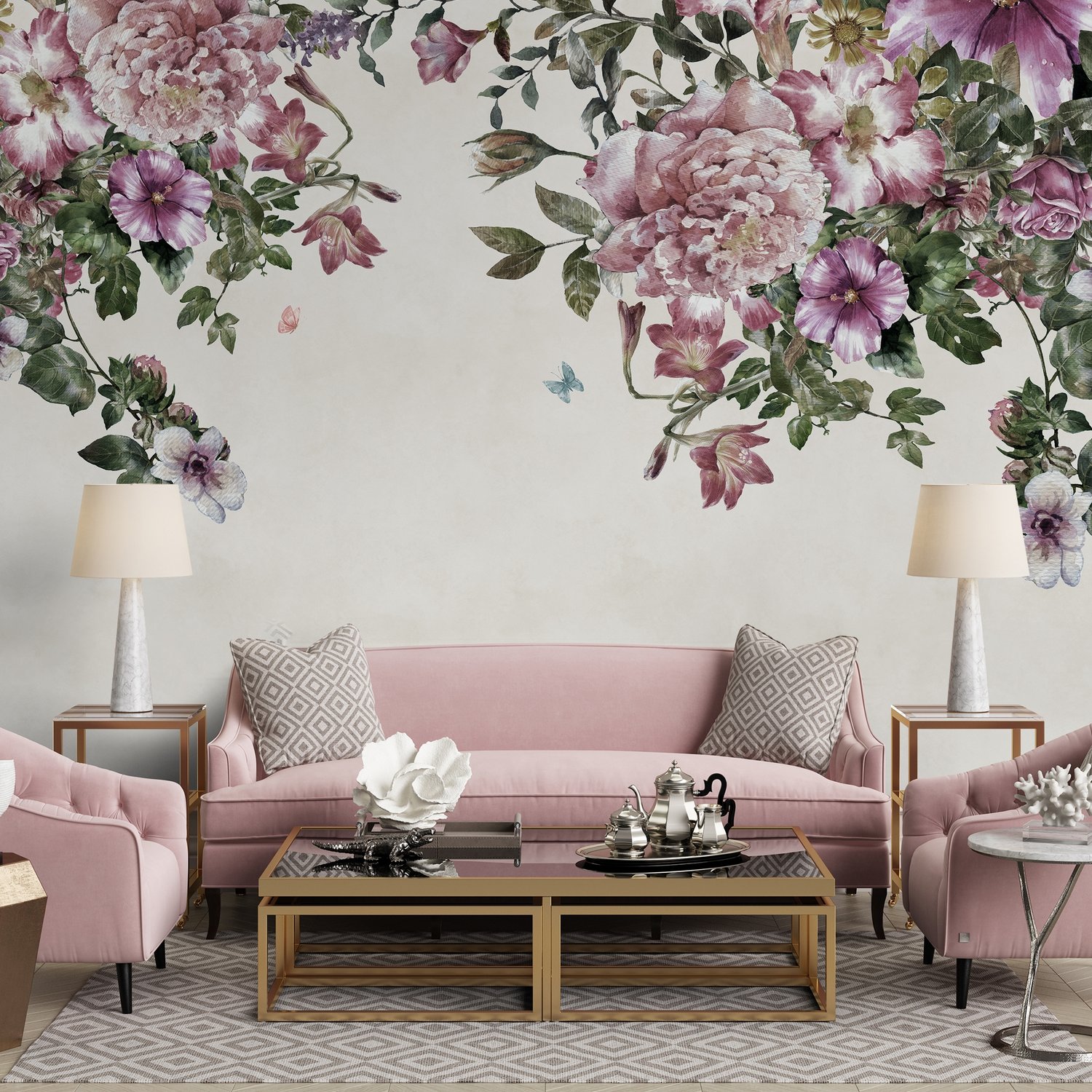 Vintage Pink Floral Art Wallpaper Mural - Peel and Stick