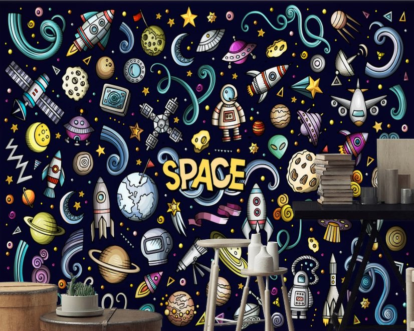 Papier peint espace dessin animé avec astronaute et planètes colorées pour enfants
