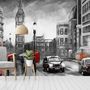 Monochrome Charcoal City Landscape and Red Bus Wallpaper Mural