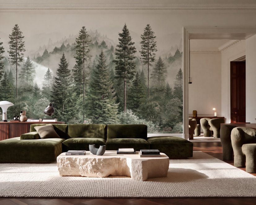 Misty mountain wallpaper mural with tall pine trees, layered green forest and pale foggy ridges