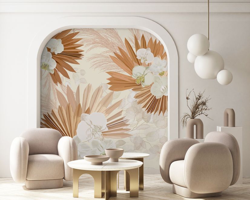 Neutral Boho Plants with Palm Leaf Wallpaper Mural