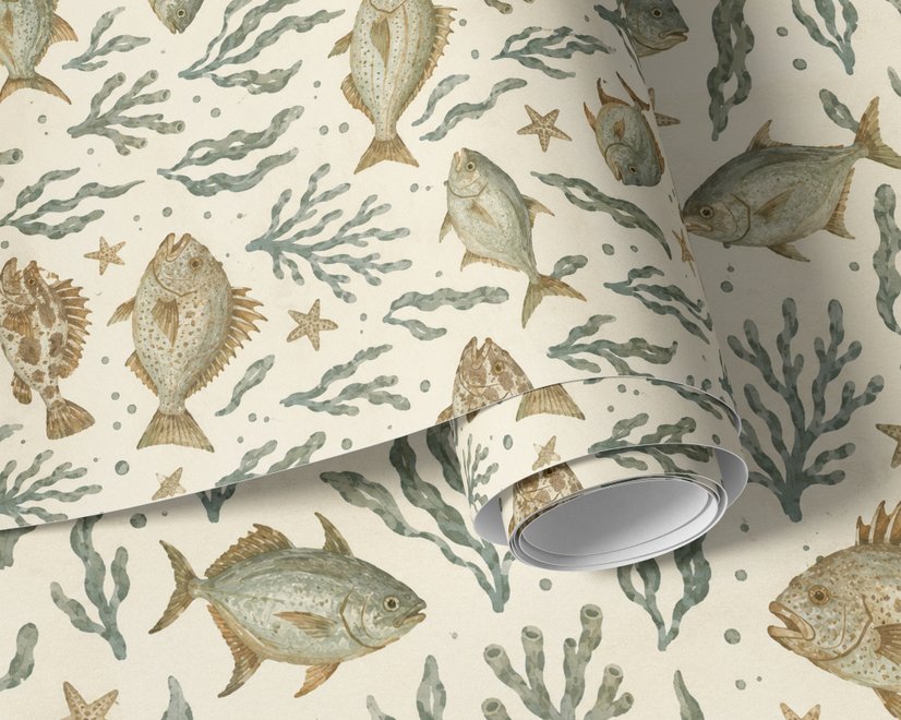 Watercolor fish wallpaper with grey-blue fish, seafoam seaweed, starfish and bubbles on warm cream