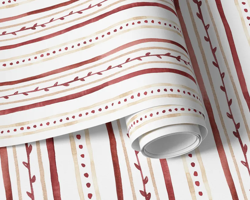 Watercolor stripe leaf wallpaper with burgundy dots and heart leaves on a bright white ground