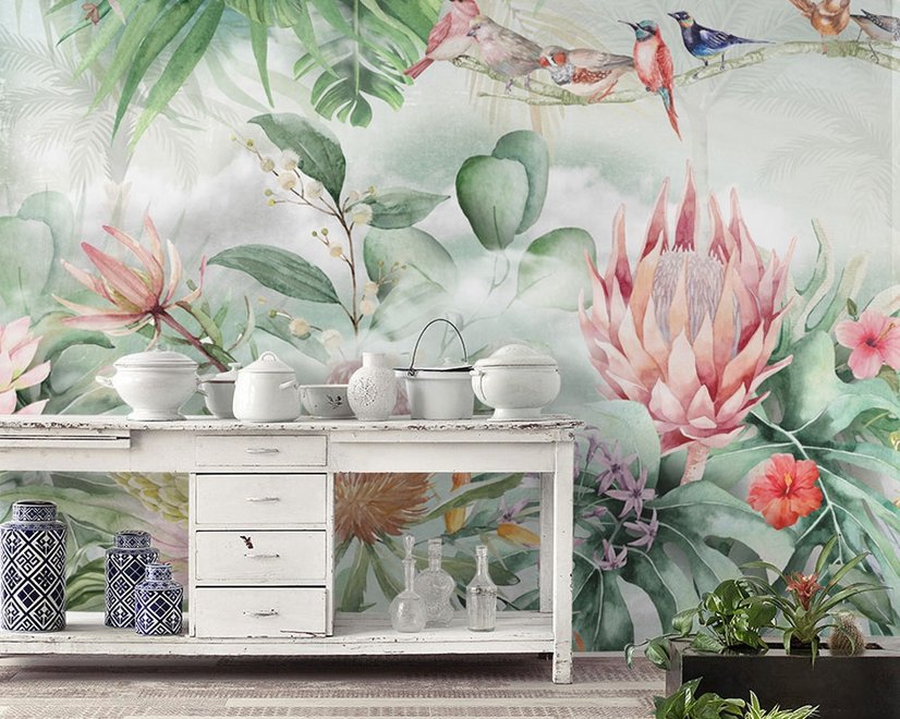 Colorful Tropical Exotic Cactus Floral with Little Birds Wallpaper Mural