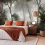 Forest in fog wallpaper with tall pine trees, grey mist, shrubs and a spiky palm in watercolour.