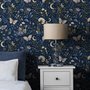 Midnight navy moody botanical wallpaper with lavender butterflies, ivory moons, gold stars, flowers and mushrooms