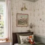 Cute rabbits wallpaper with woodland animals, white birds and acanthus scrolls on an ivory cream ground