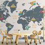 Kids World Map with Animals and Little Cars Wallpaper Mural