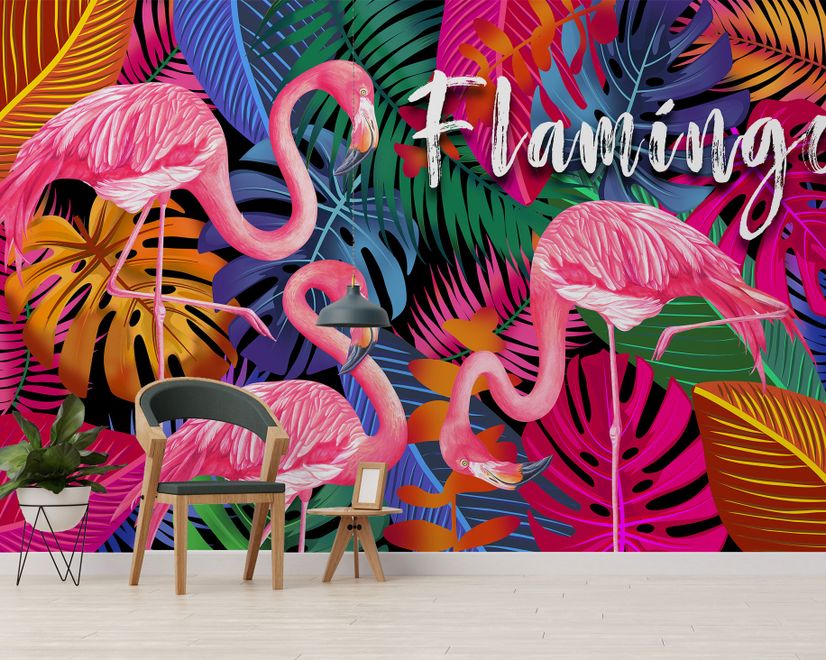Pink Flamingo with Colorful Leaf Wallpaper Mural