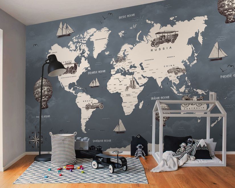 Kids Gray World Maps with Vintage Hot Air Balloon and Cars Wallpaper Mural