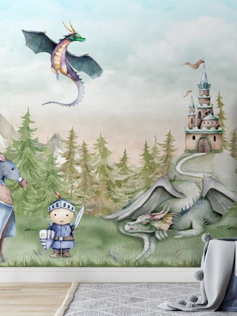 Kinder Drachen Märchenhafter Prinz und Prinzessin Fototapete