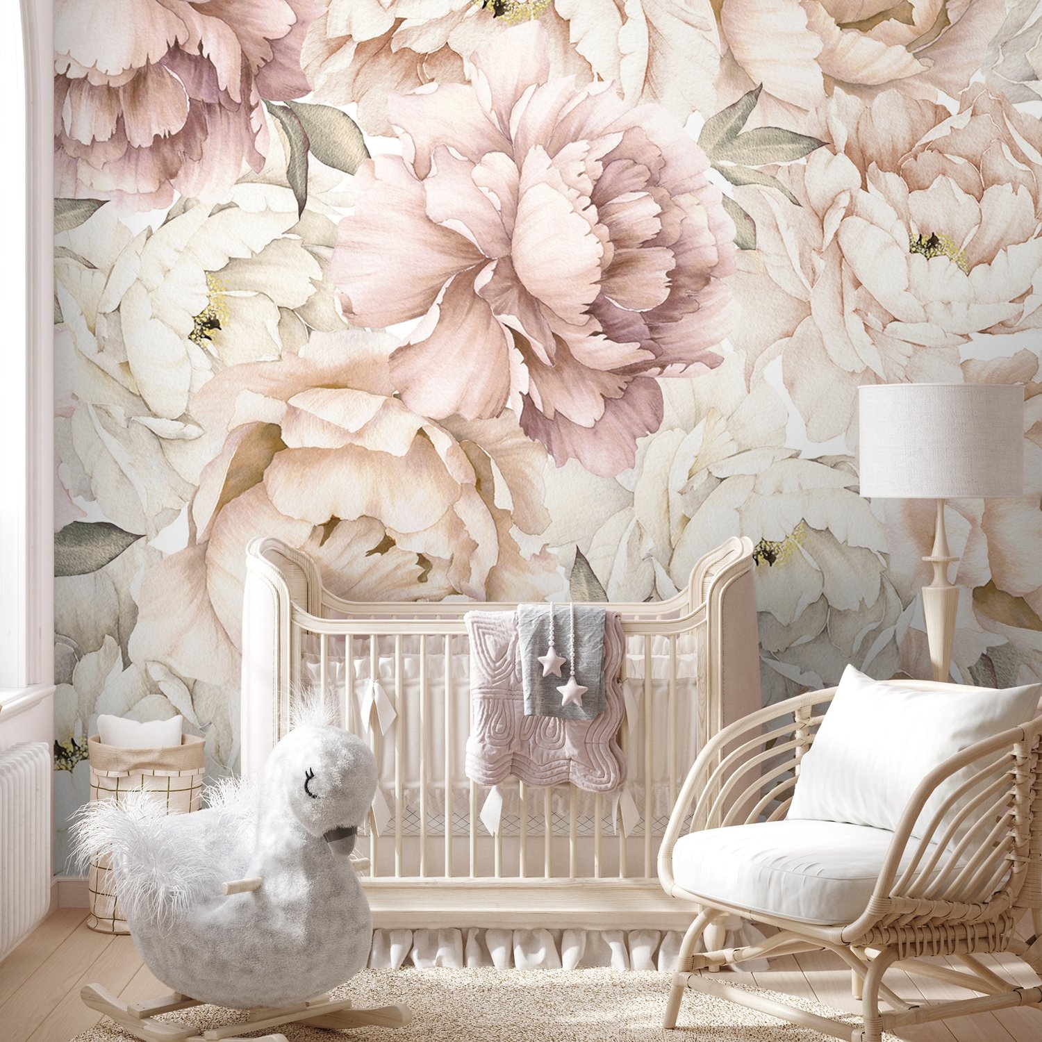 Nursery Pastel Peony Watercolor Floral For Girls Wallpaper Mural - Peel and Stick