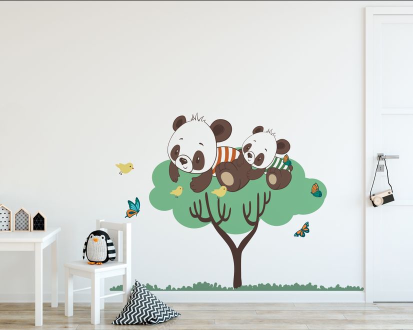 Panda and Her Cubs on the Tree with Butterfly and Birds Wall Decal Sticker