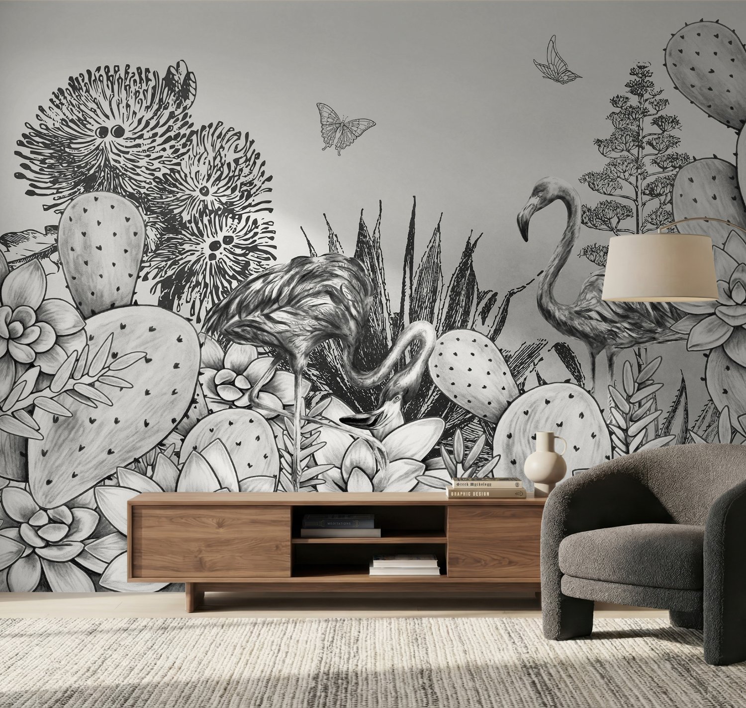 Monochrome Kaktus Floral mit Flamingo Zeichnung Fototapete - Selbstklebende
