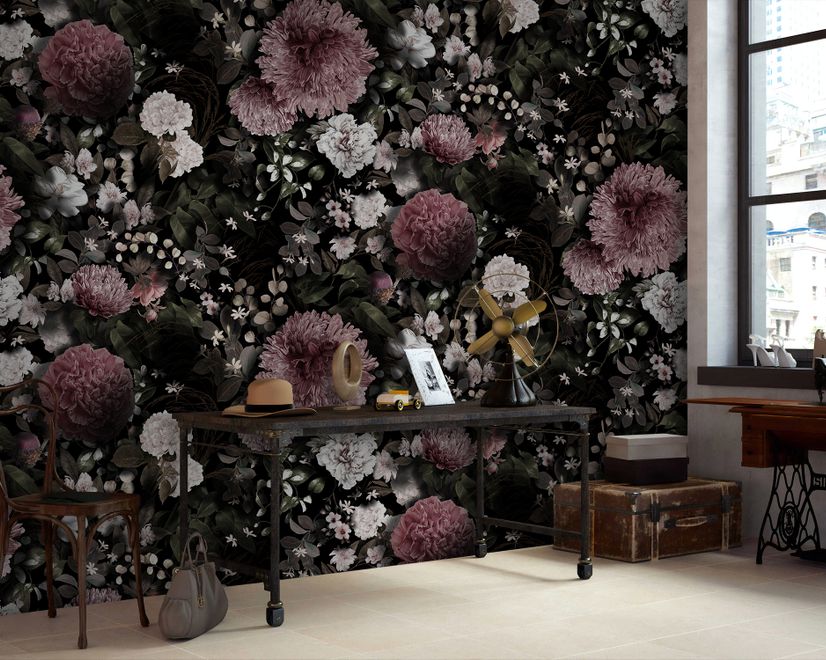 Dunkle Blumen Fototapete mit Rosa Chrysanthemen und Grünen Blättern