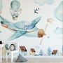 Watercolor Cartoon Village and Airplane Wallpaper Mural