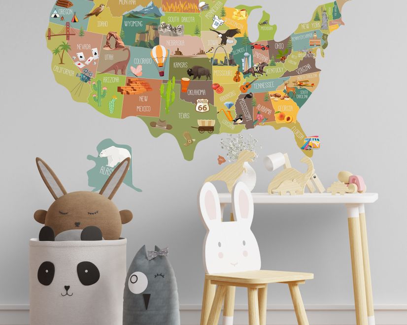 United States Map Wall Decal Sticker for Kids Room