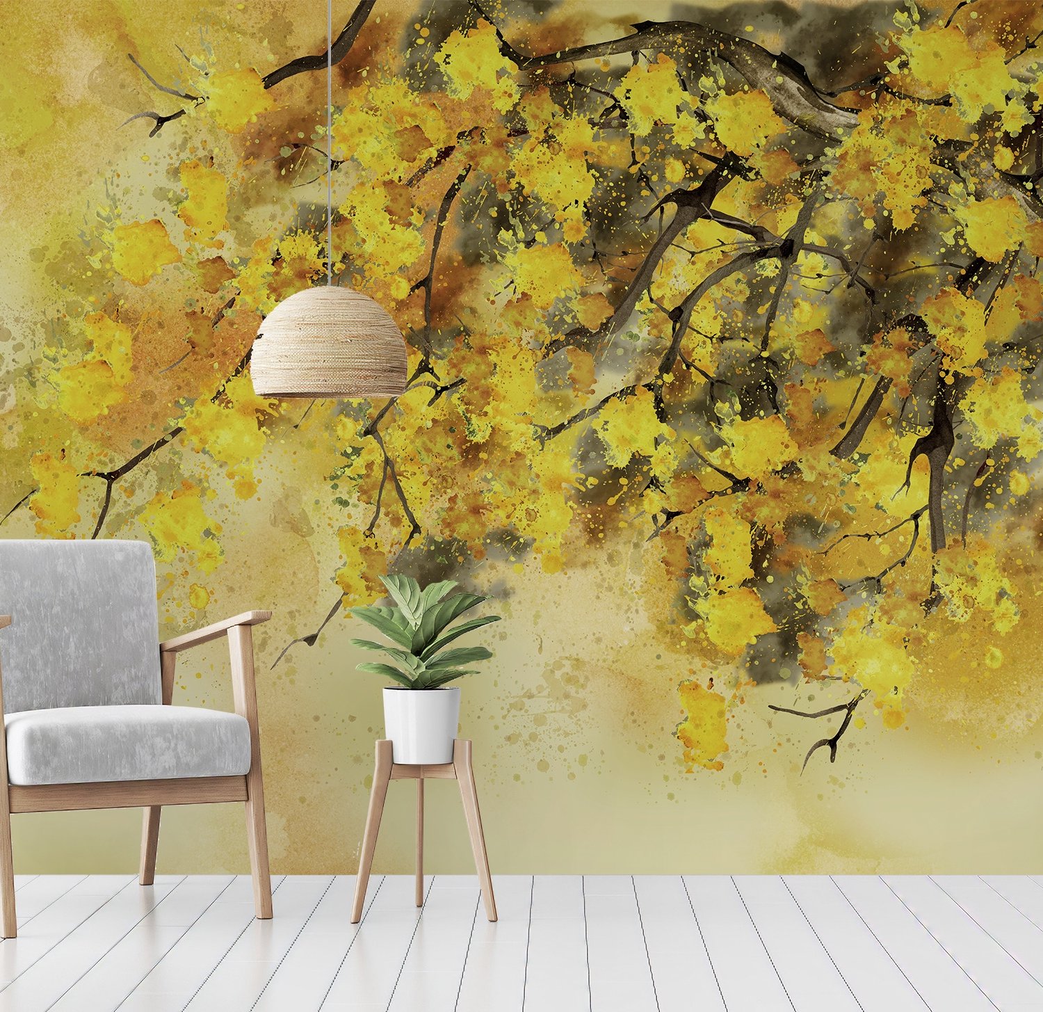 Watercolor Yellow Tree Landscape Wallpaper Mural - Peel and Stick