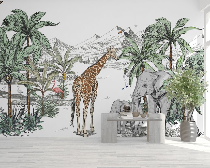 Kids Tropical Animals with Mountain Wallpaper Mural