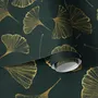 Dark green wallpaper with metallic antique-gold etched ginkgo leaves on a textured forest-green teal ground