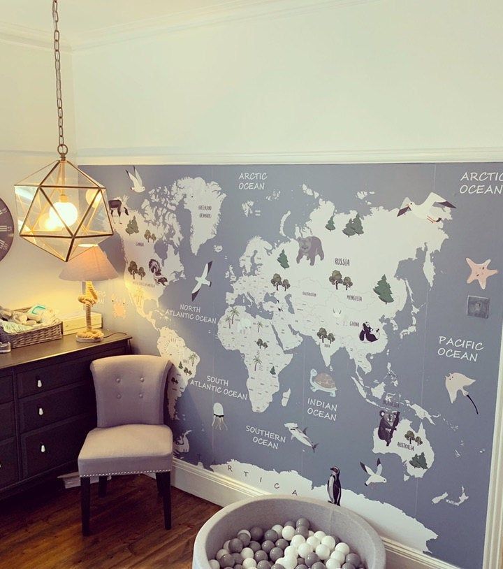 Kids Political Soft World Map with Cute Animals Wallpaper Mural