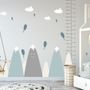 Nursery Soft Blue Gray Mountain Landscape and Little Hot Air Balloons Wall Decal Sticker