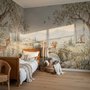Watercolour woodland wall mural with fawn, rabbits, stone bridge, stream and distant cypress countryside