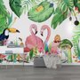 Papier peint panoramique flamants roses avec toucan