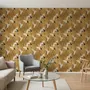 Japanese crane wallpaper with white, black and red cranes in flight on an antique-gold textured ground