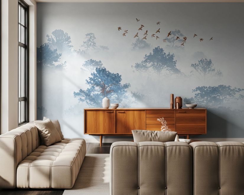 Misty Forest with Birds Wallpaper Mural