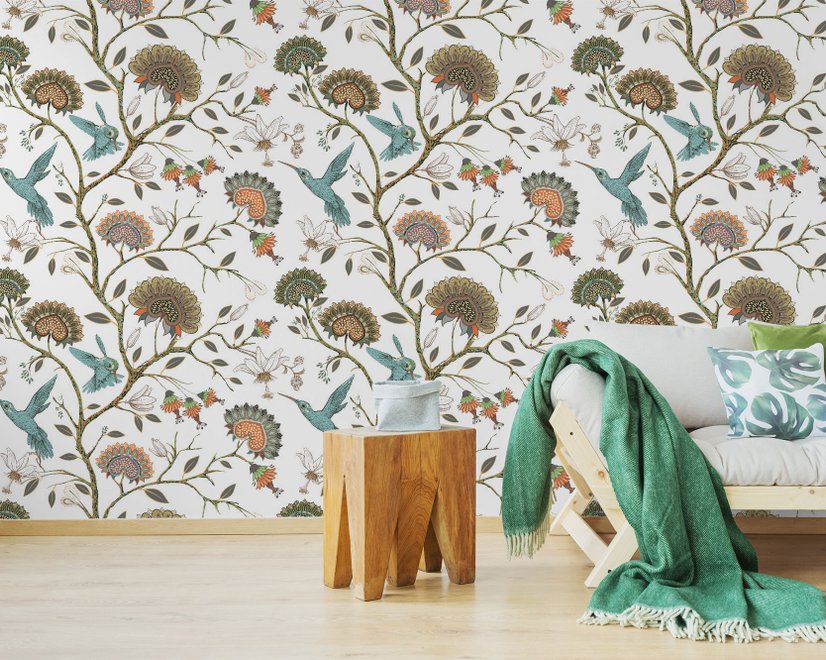 Papier peint fleur vintage colibri