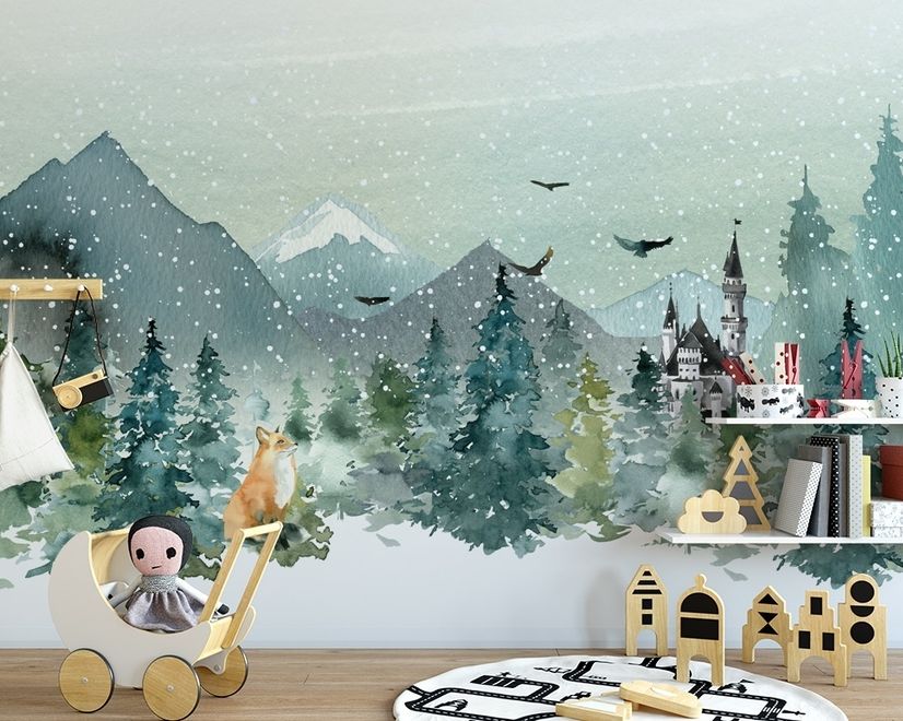 Watercolor Winter Landscape and Fox Wallpaper Mural