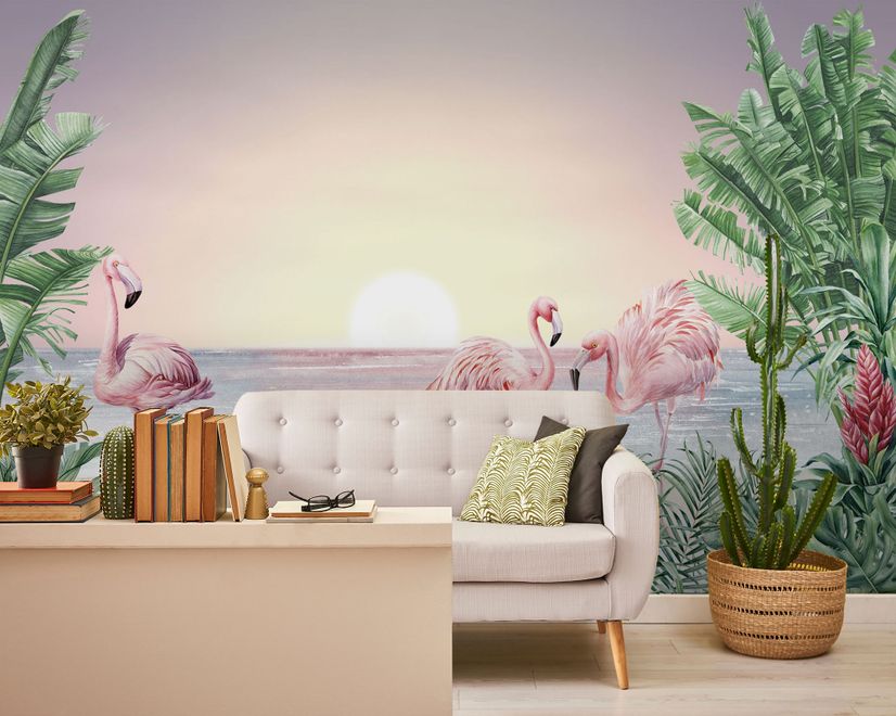 Papier peint paysage tropical flamants roses