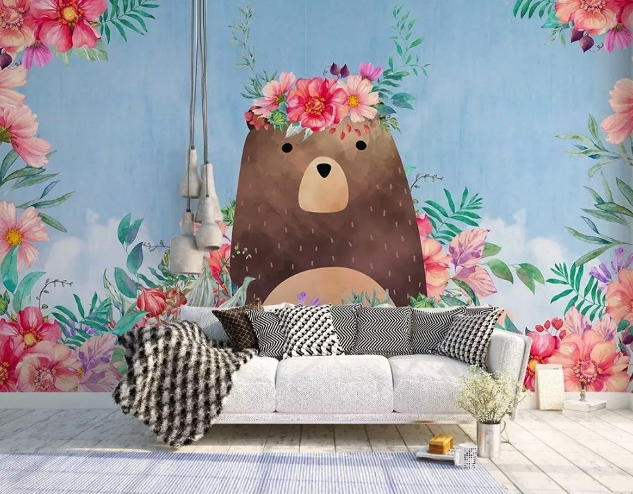 Flowery Cartoon Bear Wallpaper Mural - Peel and Stick