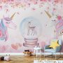 Fototapete für Mädchen mit Einhorn und pinken Blumen
