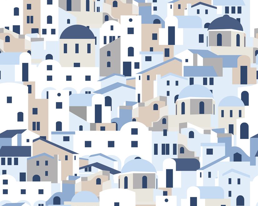 Cartoon Old Blue Greek House Wallpaper Mural