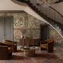 Antique style wallpaper mural with tulip vase medallion, floral tile panels and burgundy borders