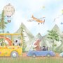 Kinder Süße Aquarelltiere im Bus Fototapete