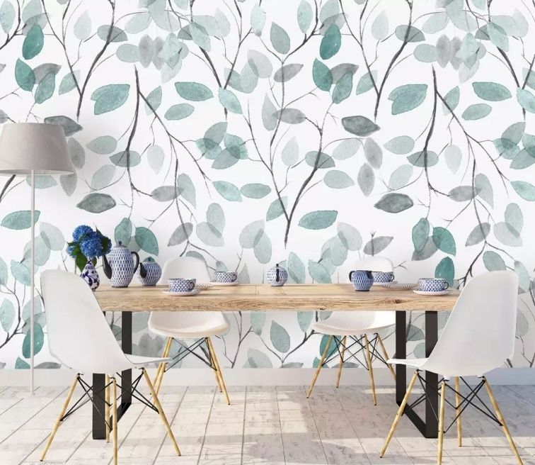 Blue Leaf Pattern Wallpaper Mural