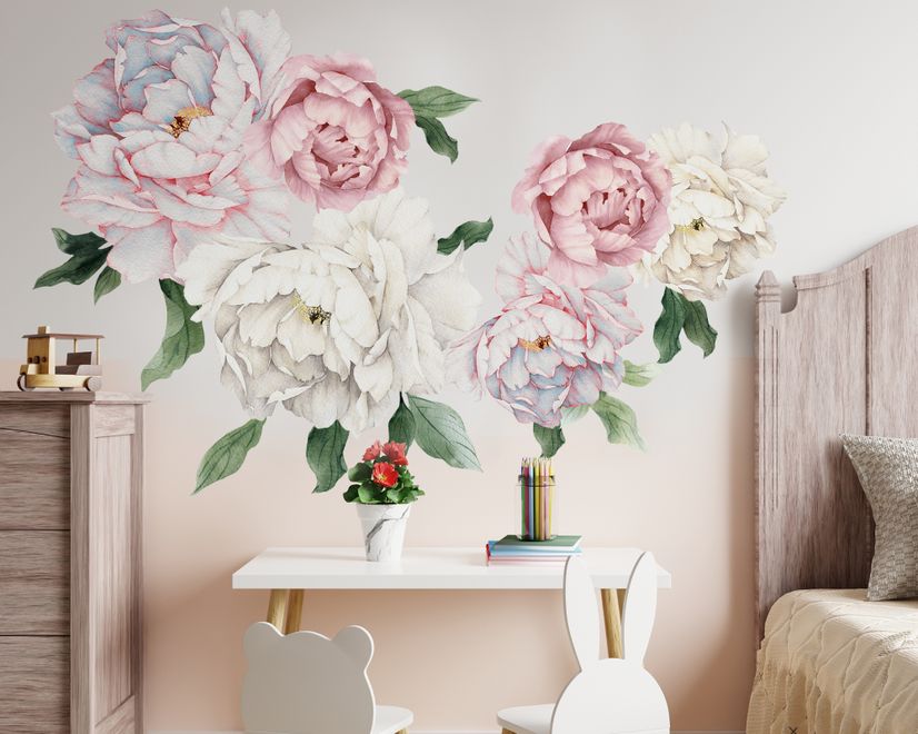 Blue Pink Peony Floral Bouqet Wall Decal Sticker