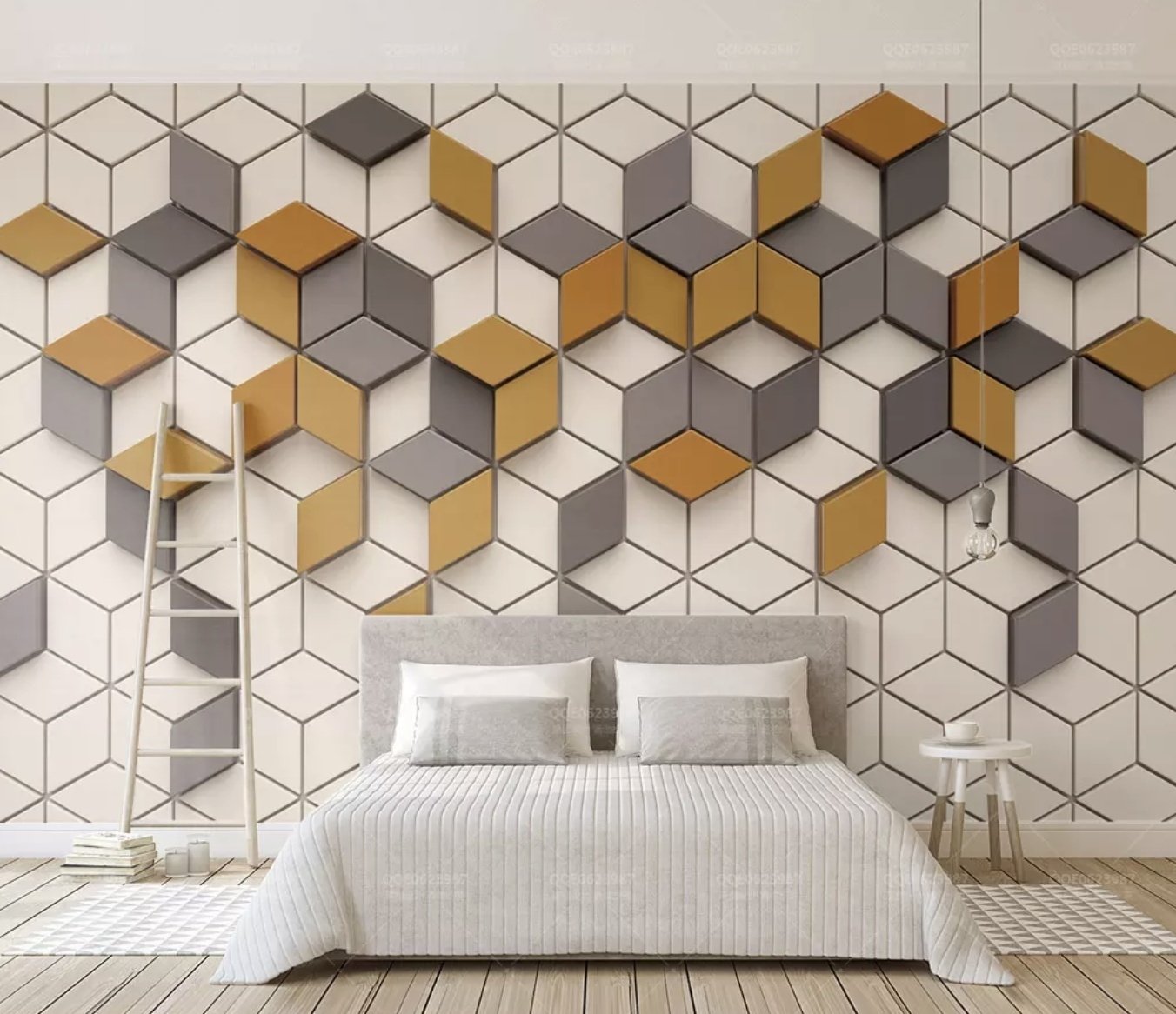 Yellow Gray Geometric Honeycomb Pattern Wallpaper Mural - Peel and Stick
