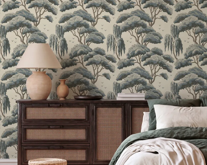 Vintage Japanese tree nature wallpaper with blue-grey canopies, willow foliage, birds and ivory-cream ground